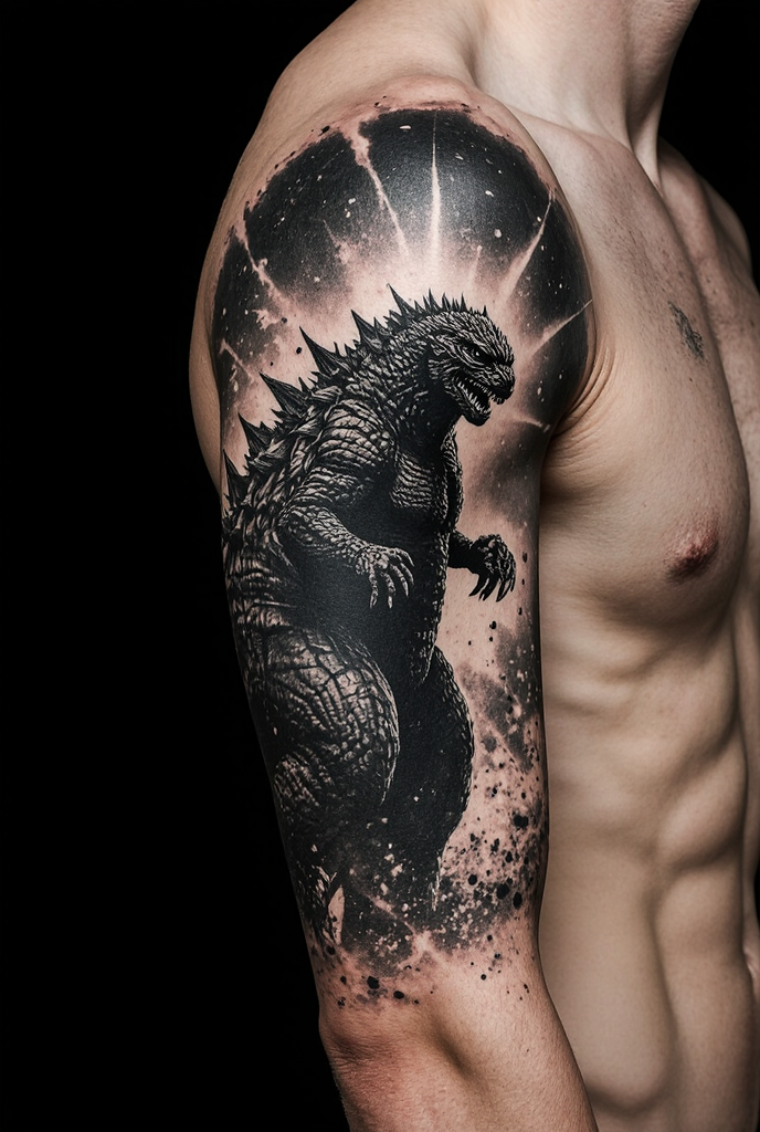 Splash Of Light Highly Stylized Godzilla Tattoo On Sleeve