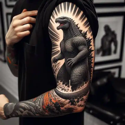 Splash Of Light Highly Stylized Godzilla Tattoo On Sleeve