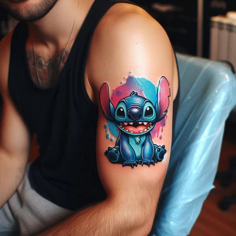 17 Charming Stitch Tattoo Ideas To Stimulate Your Brain! 18 Splashes of Radiance Colorful Stitch Tattoo On Arm