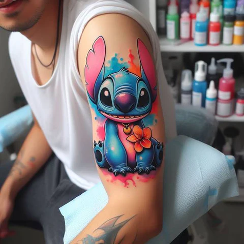 17 Charming Stitch Tattoo Ideas To Stimulate Your Brain! 19 Splashes of Radiance2 Colorful Stitch Tattoo On Arm