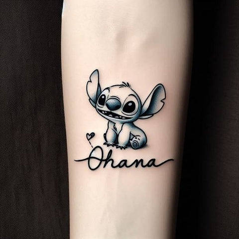 17 Charming Stitch Tattoo Ideas To Stimulate Your Brain! 6 Stitched For Life2 Ohana Stitch Tattoo With Stylish Letters