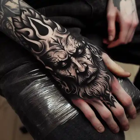 16 Peaceful Poseidon Tattoo Ideas To Control Your Emotions! 12 Stoic Look Of Darkness Dark Poseidon Hand Tattoo With Aggressive