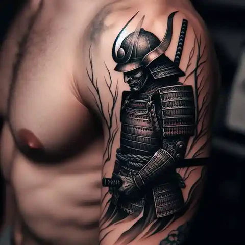 Stoic Look Of Despair Masked Samurai Warrior Tattoo