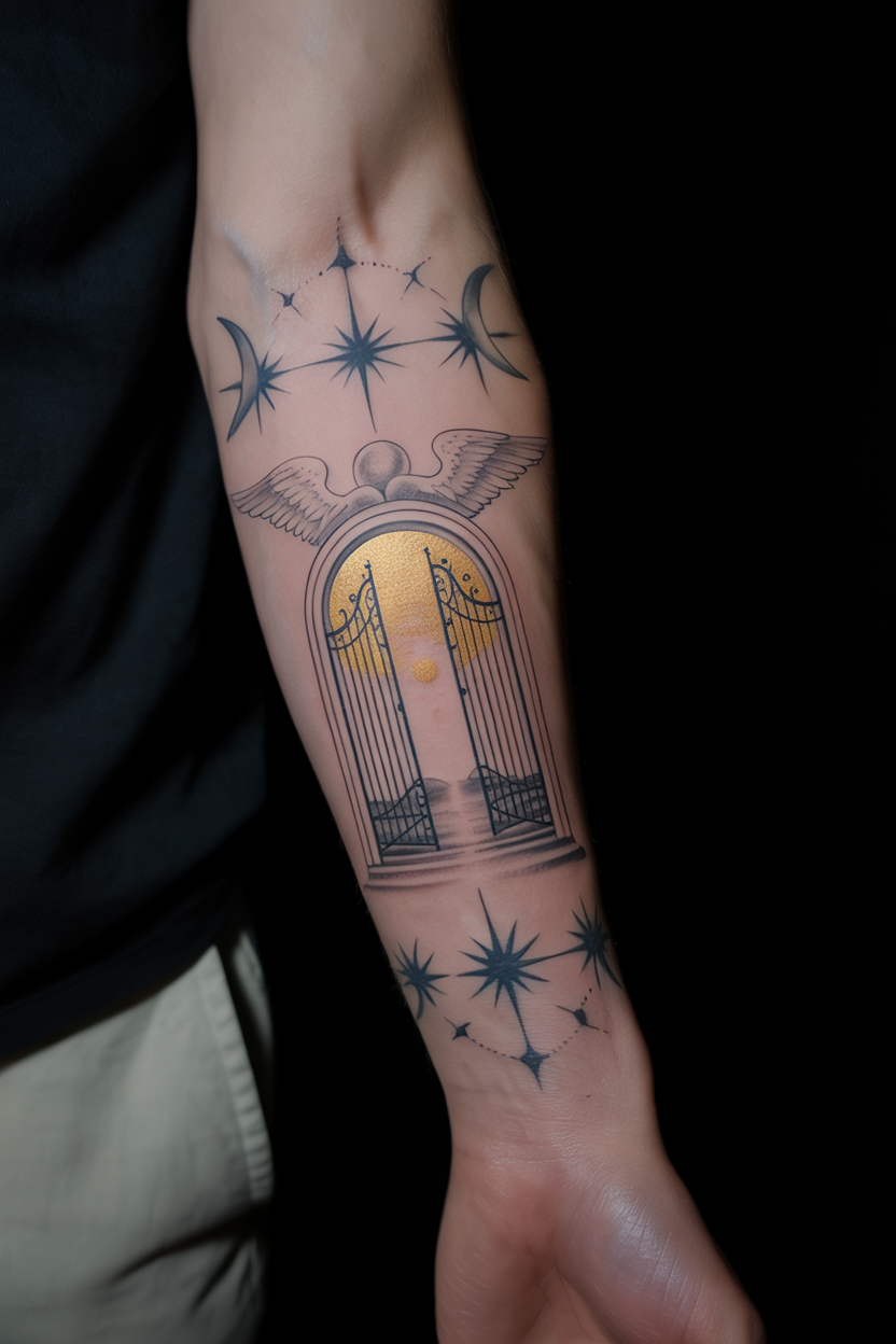 The Exuberance Of Angels Divine Gates Of Heaven Tattoo On Forearm 2
