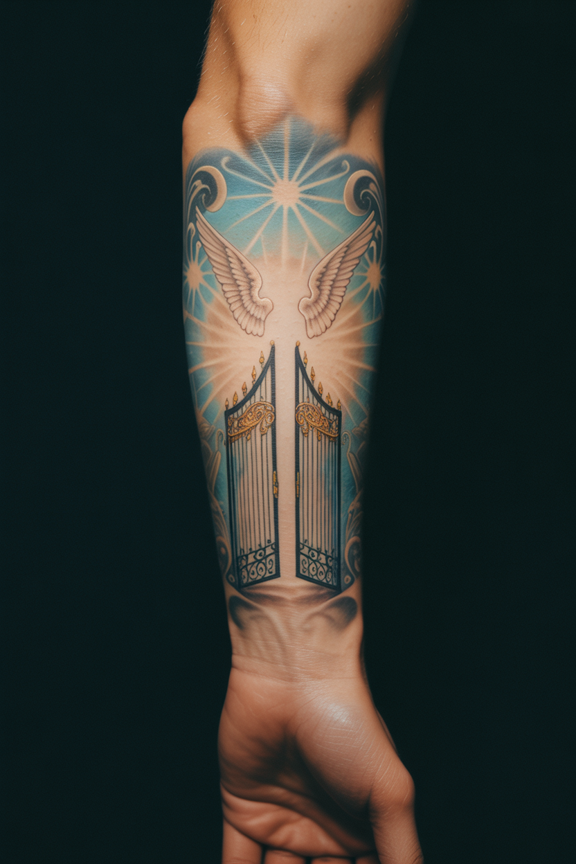 The Exuberance Of Angels Divine Gates Of Heaven Tattoo On Forearm