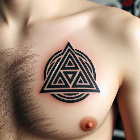 20 Glorious Valknut Tattoo Ideas To Unleash Your Inner Warrior 8 The Peek Of Monochrome Twisted Valknut Tattoo On Chest