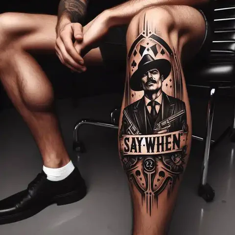 21 Dazzling Doc Holliday Tattoo Ideas To Sling Guns Like A Pro! 23 Theatrical Doc Holliday Leg Tattoo 2