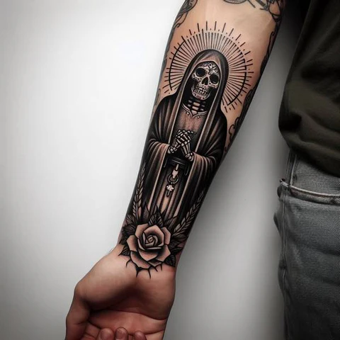 Theatrical Santa Muerte Tattoo On Forearm