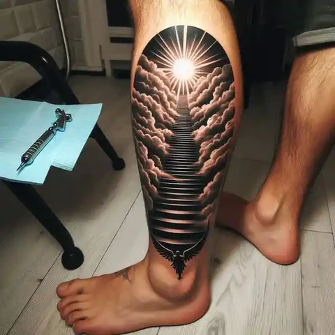 14 Sensational Stairway To Heaven Tattoo Ideas! 6 Theatrical Stairway To Heaven Tattoo On Leg