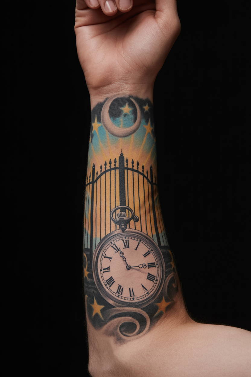 Times Running Out Alarming Gates Of Heaven And Clock Tattoo