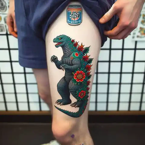 Touch Of Nature Flowery Japanese Godzilla Tattoo