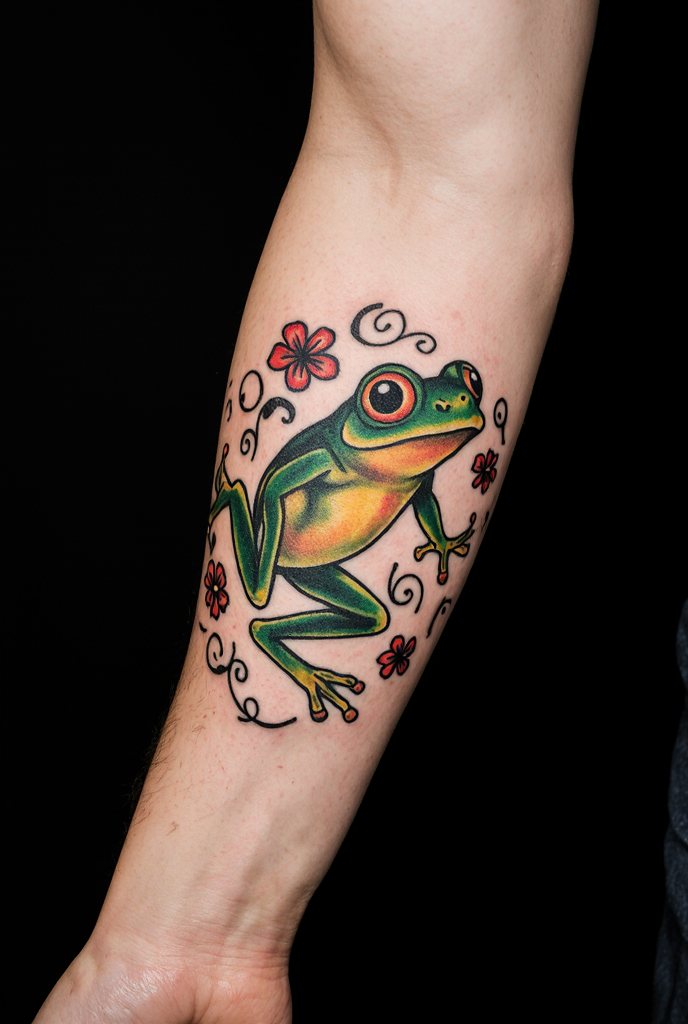 23 Fabulous Frog Tattoo Ideas 4 Traditional Frog Tattoo With Vivid Colors 1