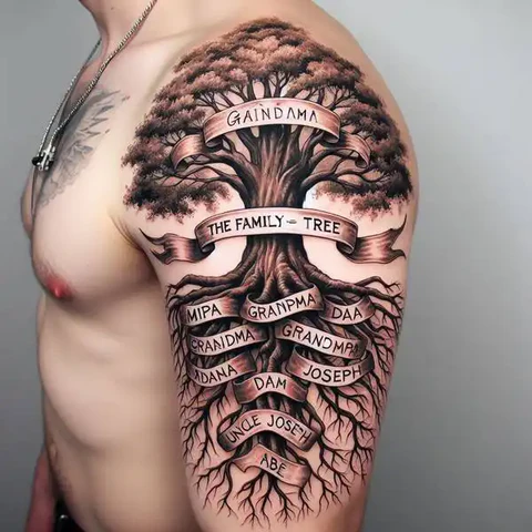 23 Fearless Family Tree Tattoo Ideas 1 Ultra Realistic Family Tree Tattoo On Sleeve