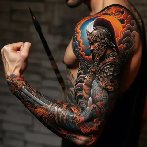 75 Meaningful Spartan Tattoo Ideas To Pump Your Blood With Adrenaline 5 Vibrant Spartan Sleeve Tattoo