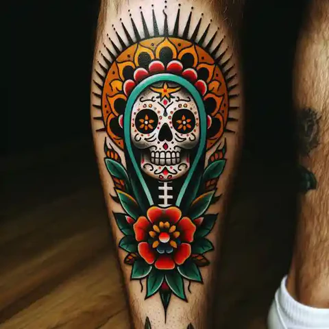 Whimsical Santa Muerte Leg Tattoo With A Vibrant Wildflower