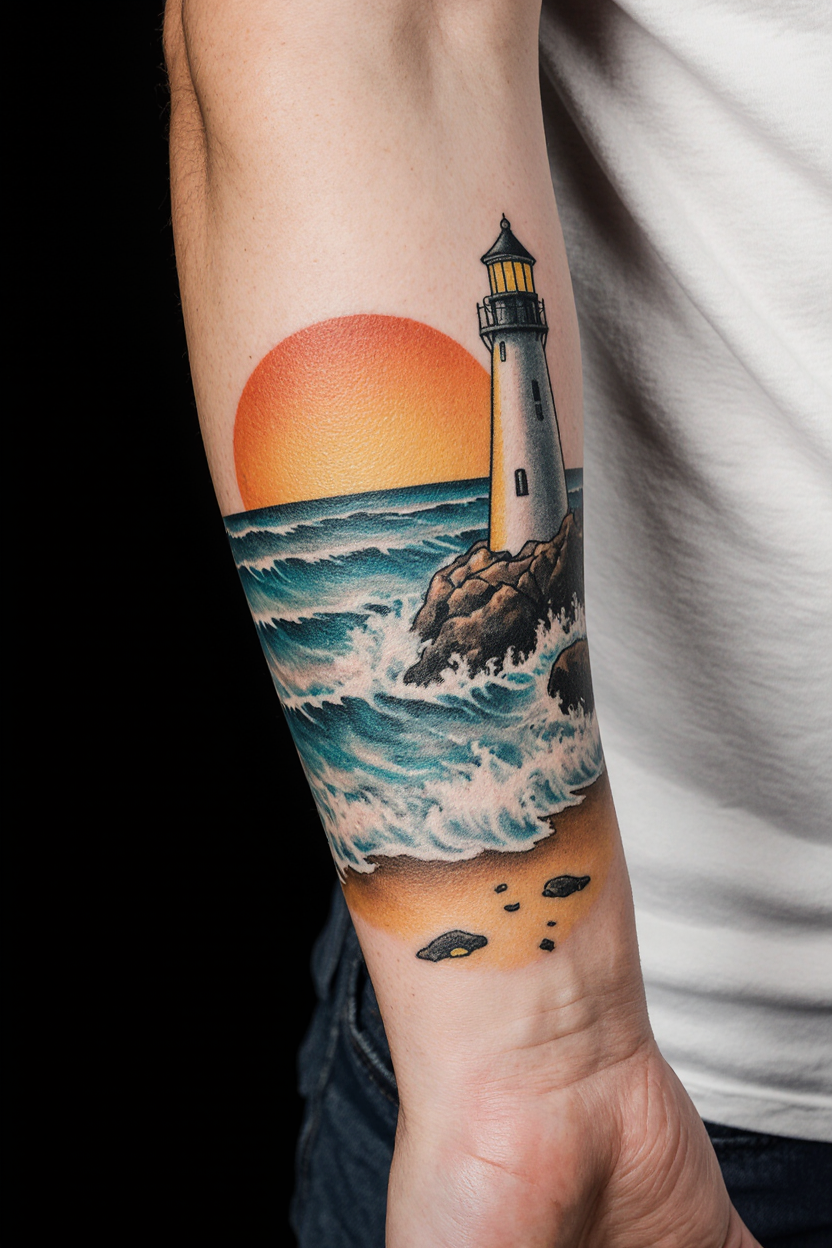 14 Beautiful Beach Tattoo Ideas 11 hyper realistic close up of a male forearm against a solid matte black background only the tattooed h5onvw6nkhz0helfbel6 2 1