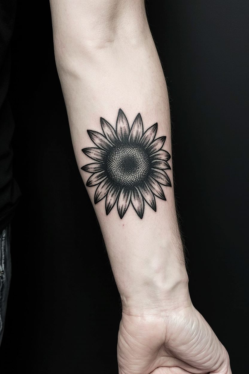 hyper realistic close up of a male forearm with a small sunflower tattoo in raw black and white sty bw32zwq5phfgkc31oosm 3