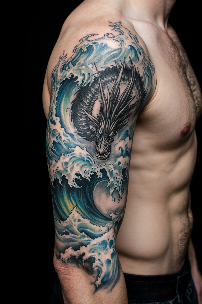 22 Powerful Water Tattoo Ideas 7 hyper realistic close up of a male full arm tattoo against a solid matte black background only the 4gk568aivihr2soy63k4 2