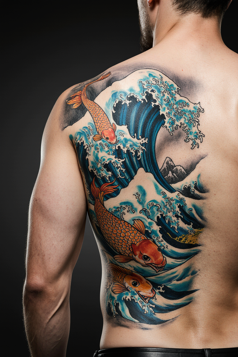 22 Powerful Water Tattoo Ideas 4 hyper realistic close up of a male full back tattoo on a solid matte black background only the tatt lshsmytlrqe566wyms8z 1