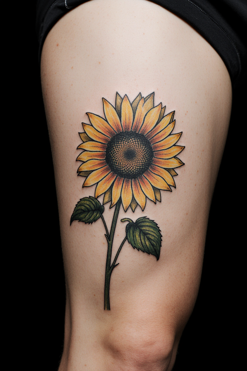 hyper realistic close up of a male thigh with a charming sunflower tattoo set against a solid matte fwbdn71tre3aab6ylnbn 2 1
