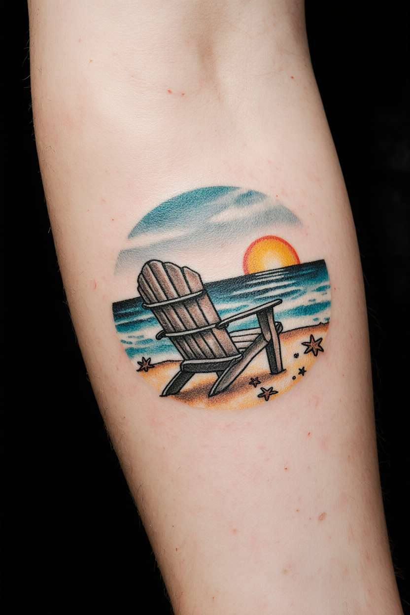 14 Beautiful Beach Tattoo Ideas 16 hyper realistic close up of a male upper arm with a small charming beach chair tattoo shown against 8mytbzo66363a2b8wl2m 3