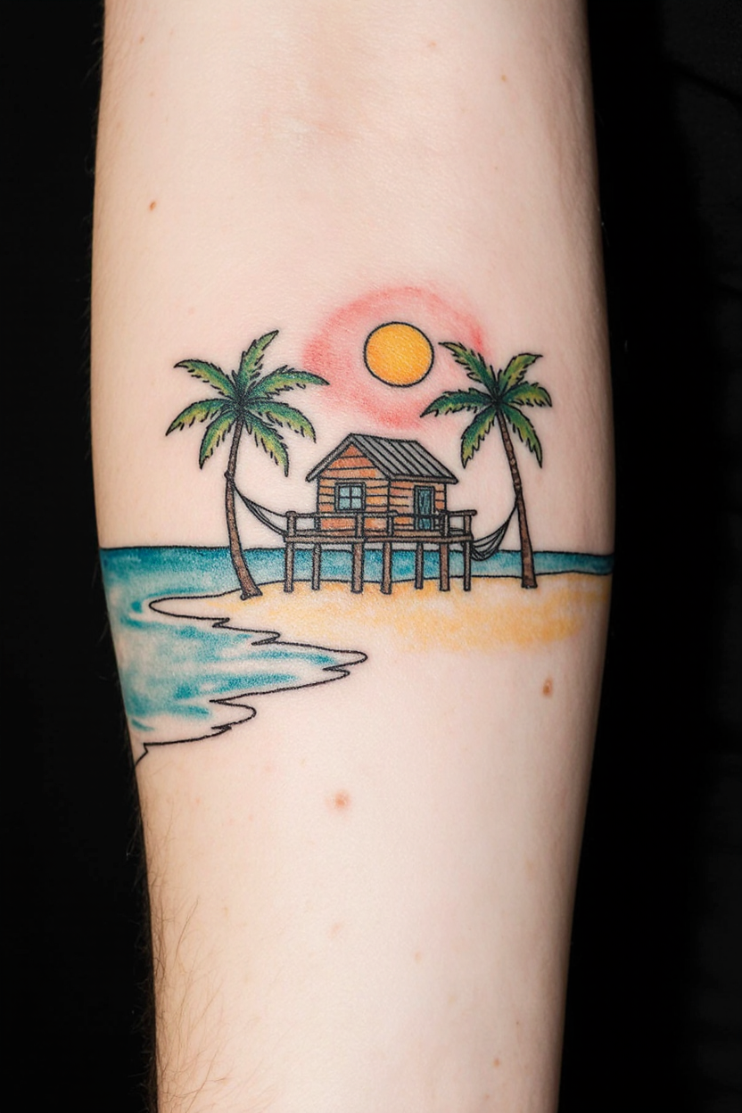 14 Beautiful Beach Tattoo Ideas 19 hyper realistic close up of a male upper arm with a small dreamy beach house tattoo shown against a 17e7j372viiqyja13r9l 1