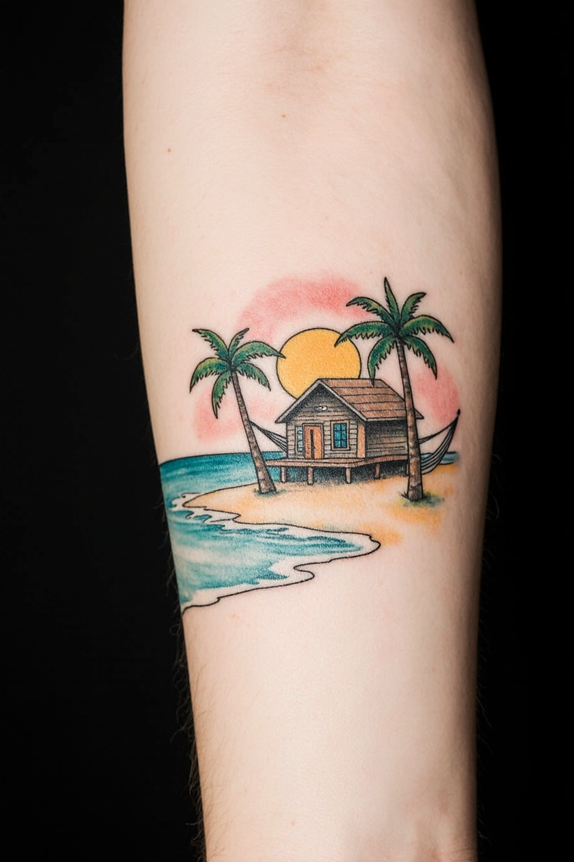14 Beautiful Beach Tattoo Ideas 20 hyper realistic close up of a male upper arm with a small dreamy beach house tattoo shown against a 70brbkaprd7z2t08t4wm 2