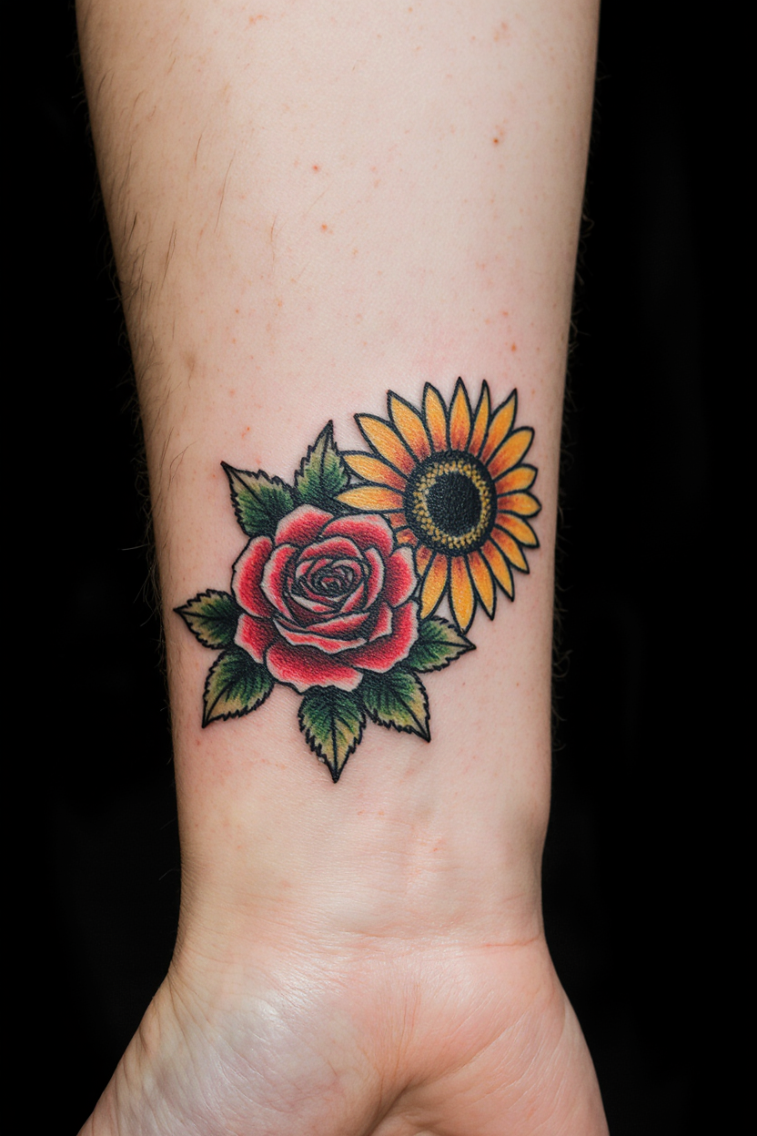 hyper realistic close up of a male wrist with a small empowering rose and sunflower tattoo set agai 9srjz29ferggpnu2e7rp 2
