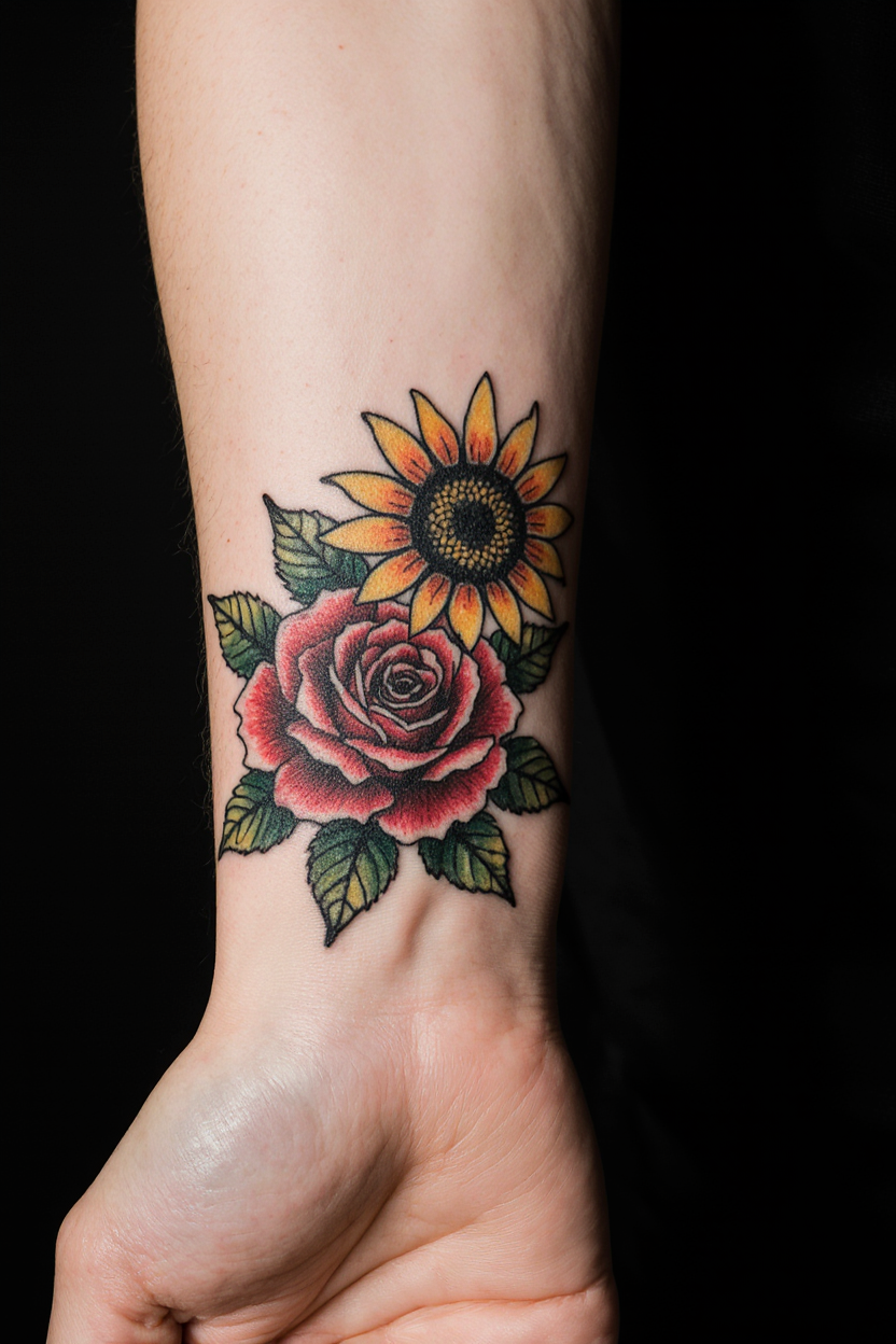 hyper realistic close up of a male wrist with a small empowering rose and sunflower tattoo set agai hralj5b20u1msyzagwca 1