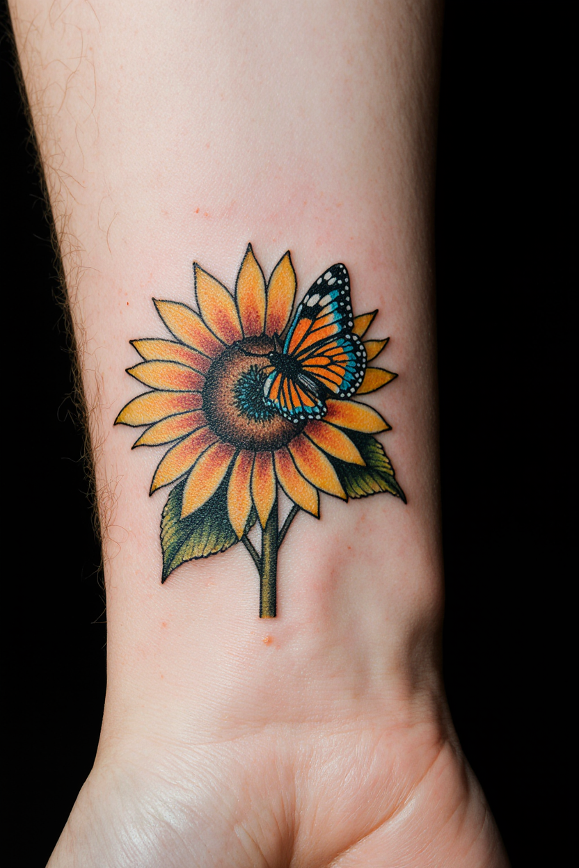 hyper realistic close up of a male wrist with a small radiant butterfly and sunflower tattoo set ag bc7tk7yc6aclzhlmku4q 1