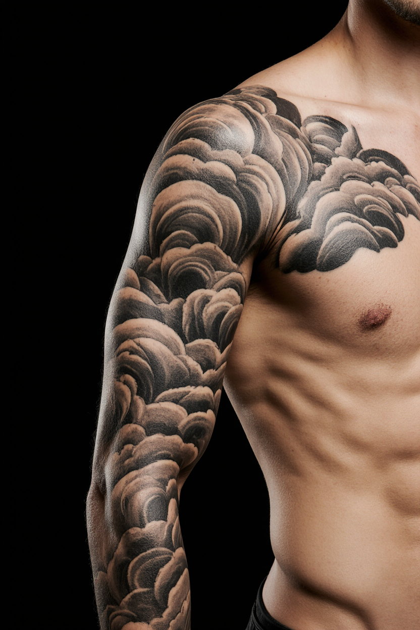 hyper realistic close up of a mans full arm with a japanese cloud tattoo sleeve set against a solid i2kew0u1n3vtaae1javb 3