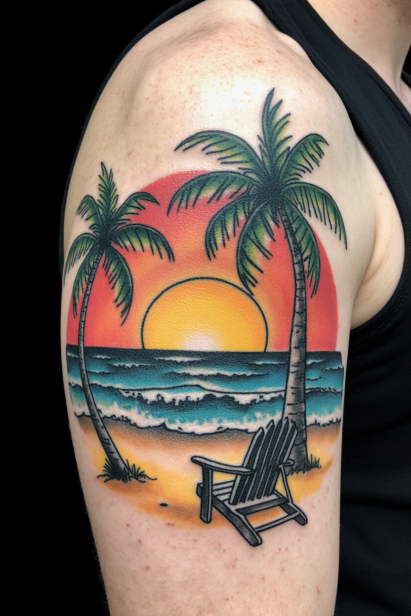 14 Beautiful Beach Tattoo Ideas 13 hyper realistic close up of a mens upper arm with a traditional style beach tattoo shown against a mop5nf5gzc8wnc8vvj8p 1