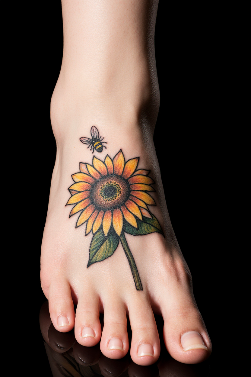 hyper realistic close up of a womans foot with a small sunflower and bee tattoo shown against a sol gnedu8i2na6gwipd0hkc 3
