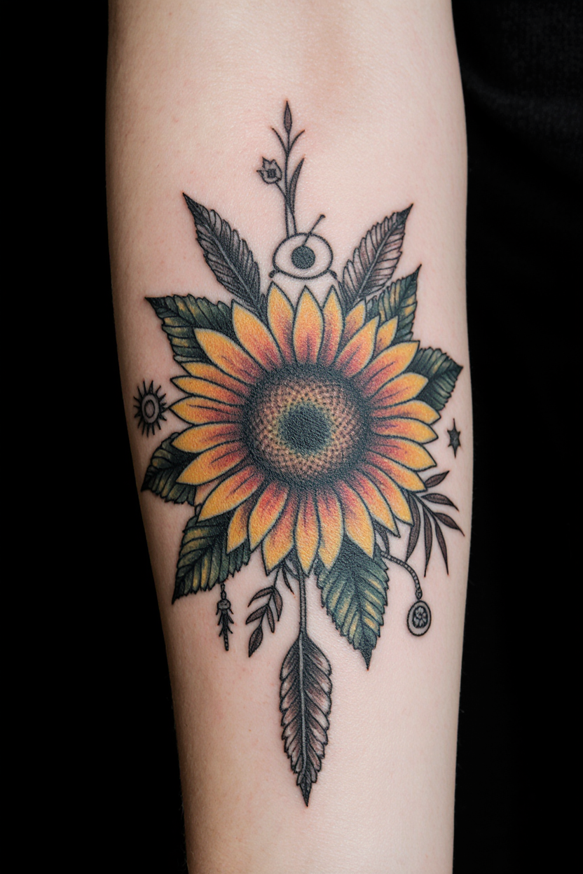 hyper realistic close up of a womans forearm with a realistic sunflower tattoo intertwined with all 4emc2odo1rz0jhrtqlvf 2