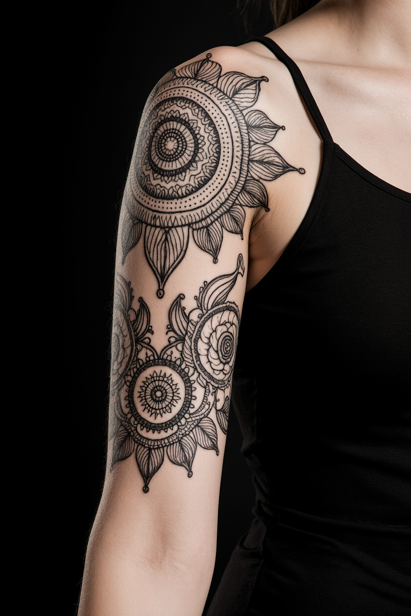 hyper realistic close up of a womans full arm tattoo isolated against a solid matte black backgroun vgd9fdwcyzphskwitsqk 2