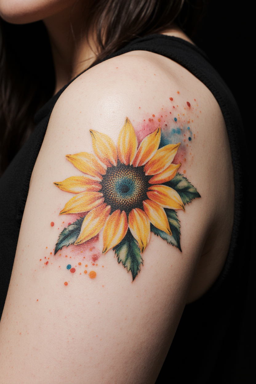 hyper realistic close up of a womans skin with a beautiful watercolor sunflower tattoo shown agains 44zd7b46ucez0jcyr59v 0