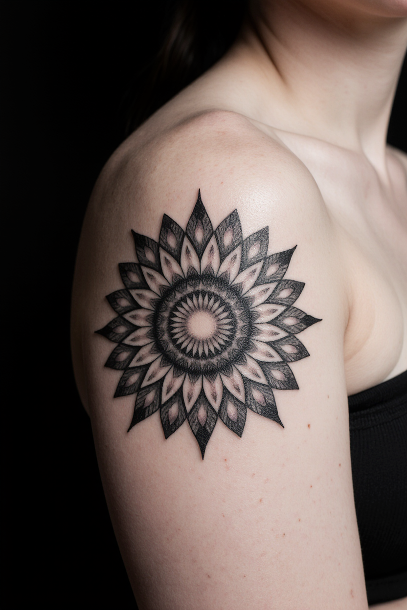 hyper realistic close up of a womans skin with an enigmatic sunflower mandala tattoo shown against yv24bt6vj1fm9vv0sqmb 3