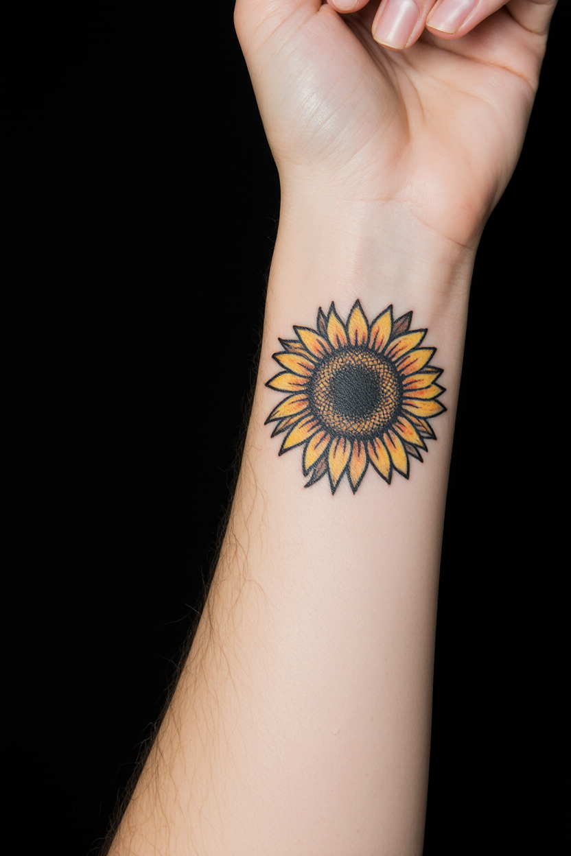 hyper realistic close up of a womans wrist with a small aligned sunflower tattoo set against a soli fnic4o9tgi9b1pppc8ok 2